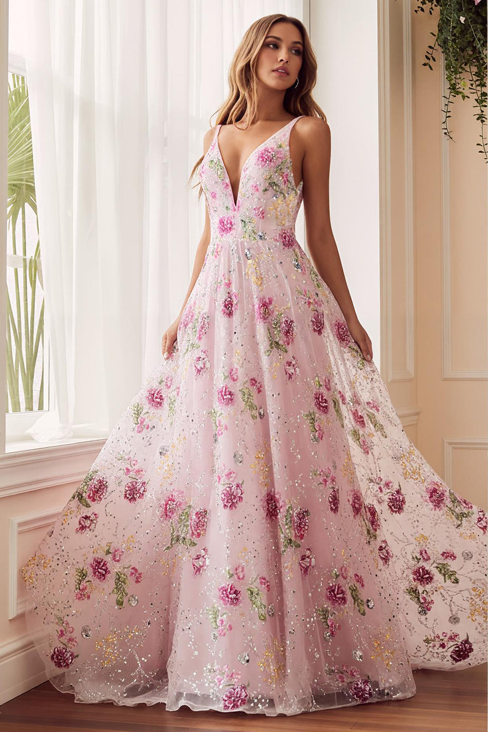 Sparkly Pink A Line V-Neck Long Floral Prom Dress