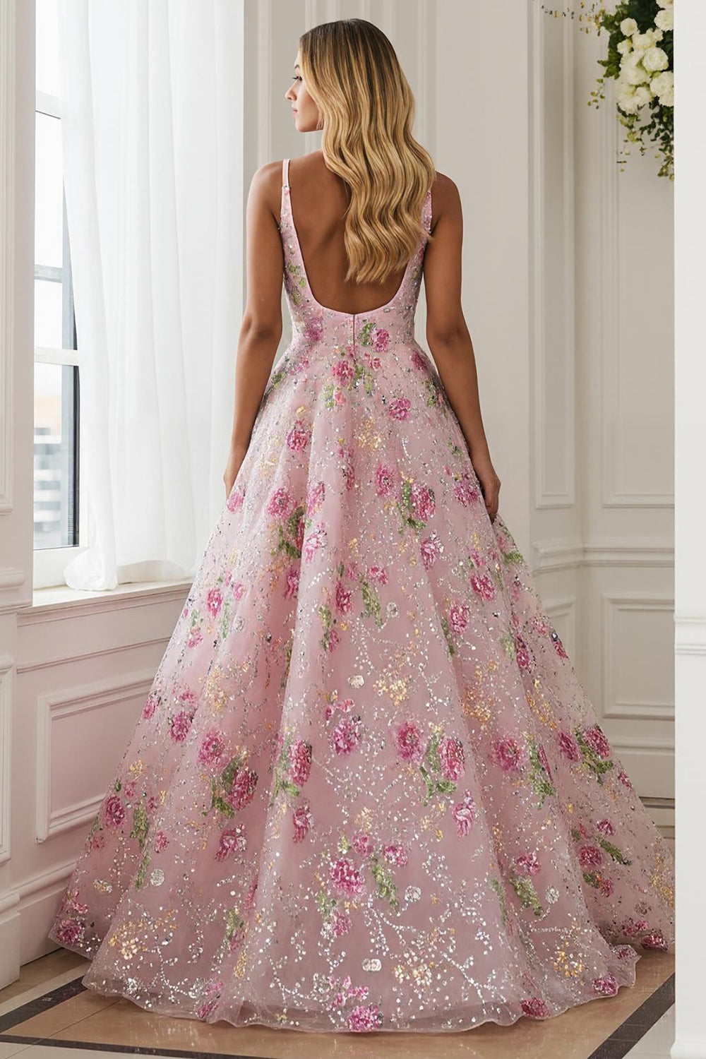 Sparkly Pink A Line V-Neck Long Floral Prom Dress