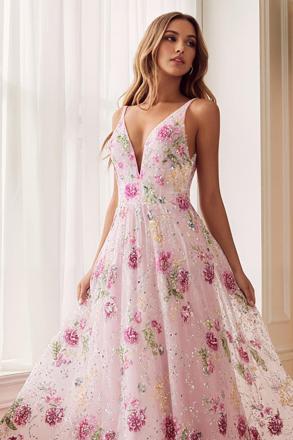 Sparkly Pink A Line V-Neck Long Floral Prom Dress