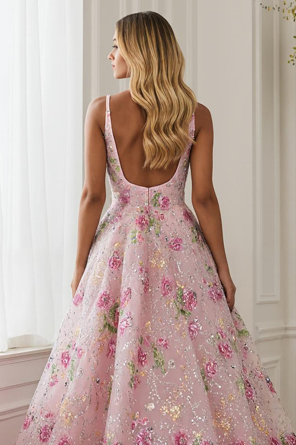 Sparkly Pink A Line V-Neck Long Floral Prom Dress