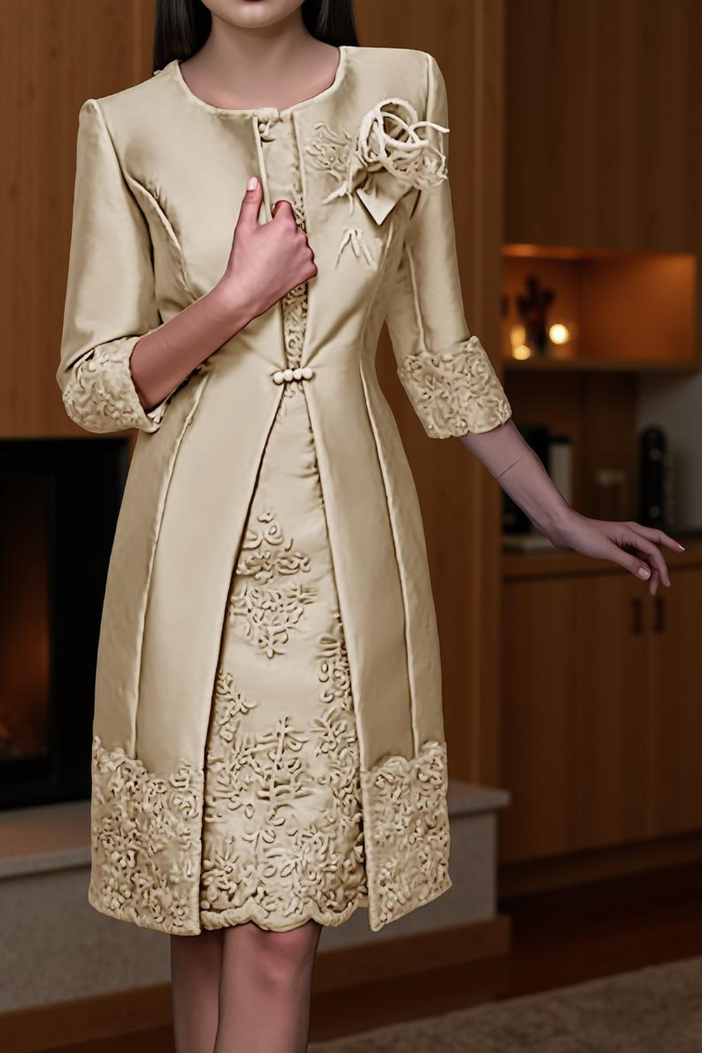 Champagne Sheath Boat Neck 2-Piece Knee-Length Mother of the Bride Dress with Jacket