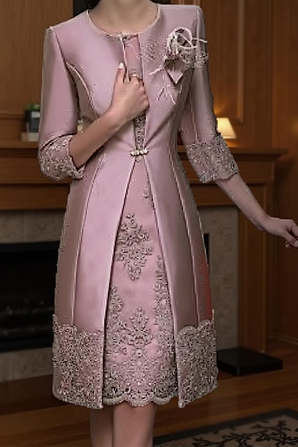 Champagne Sheath Boat Neck 2-Piece Knee-Length Mother of the Bride Dress with Jacket