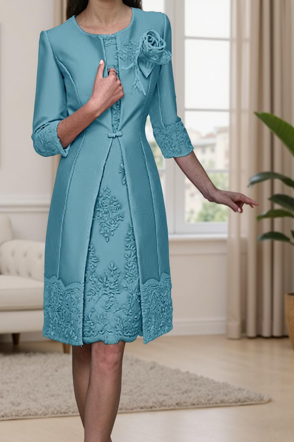 2 Piece Dusty Rose Bodycon Boat Neck Midi Mother of the Bride Dress with Jacket