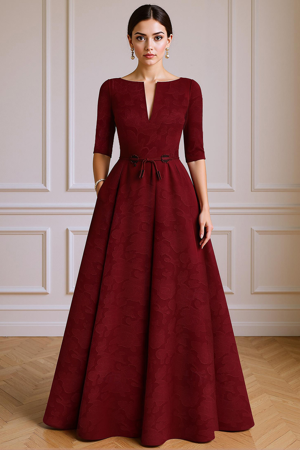 Burgundy V-Neck A Line Floor-Length Mother of the Bride Dress with Sleeves