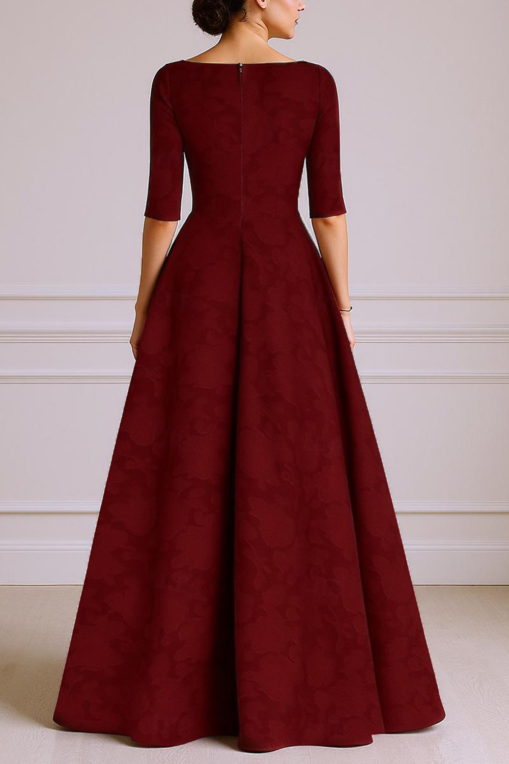 Burgundy V-Neck A Line Floor-Length Mother of the Bride Dress with Sleeves