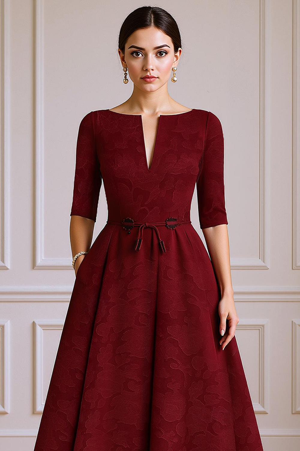 Burgundy V-Neck A Line Floor-Length Mother of the Bride Dress with Sleeves