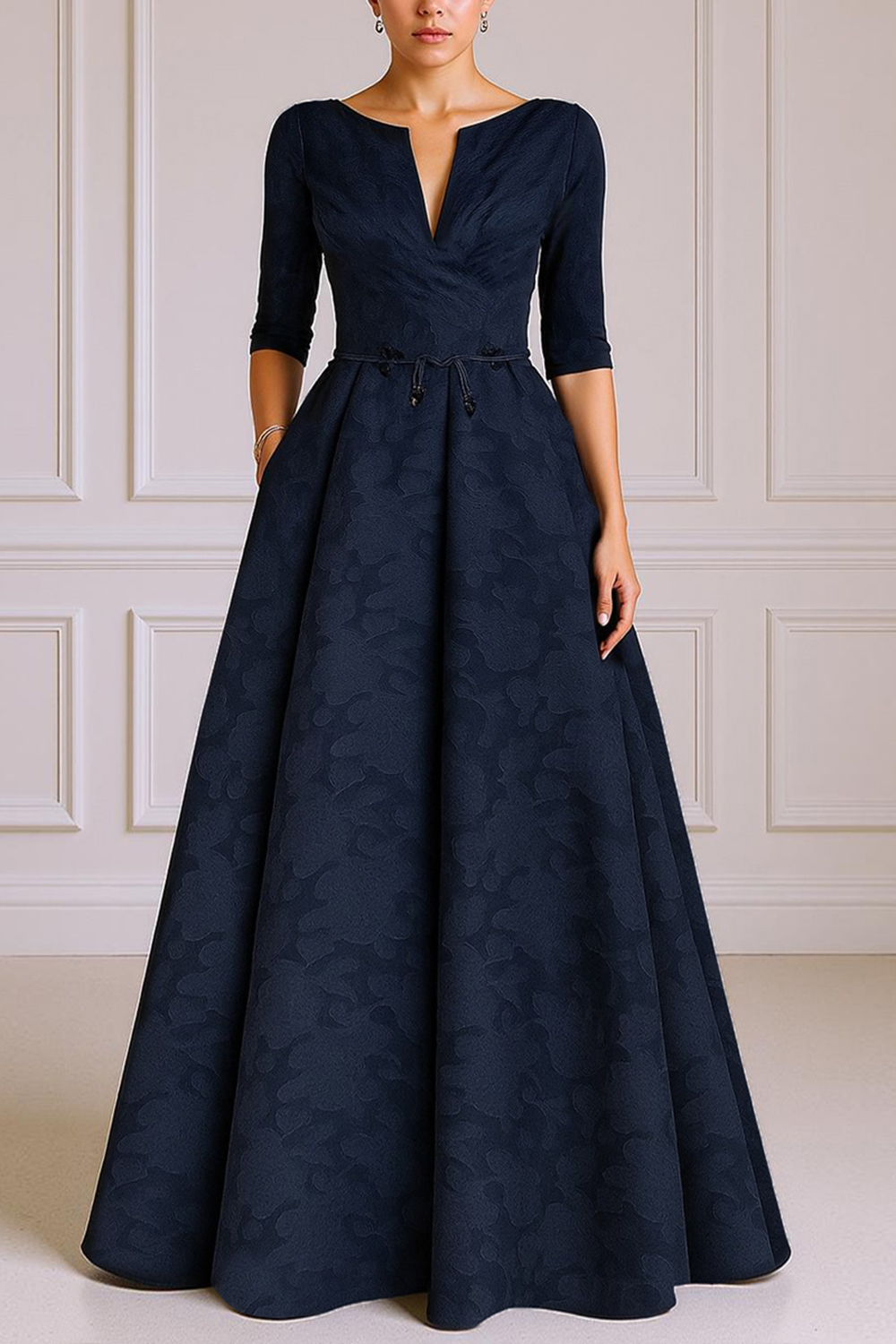 Burgundy V-Neck A Line Floor-Length Mother of the Bride Dress with Sleeves