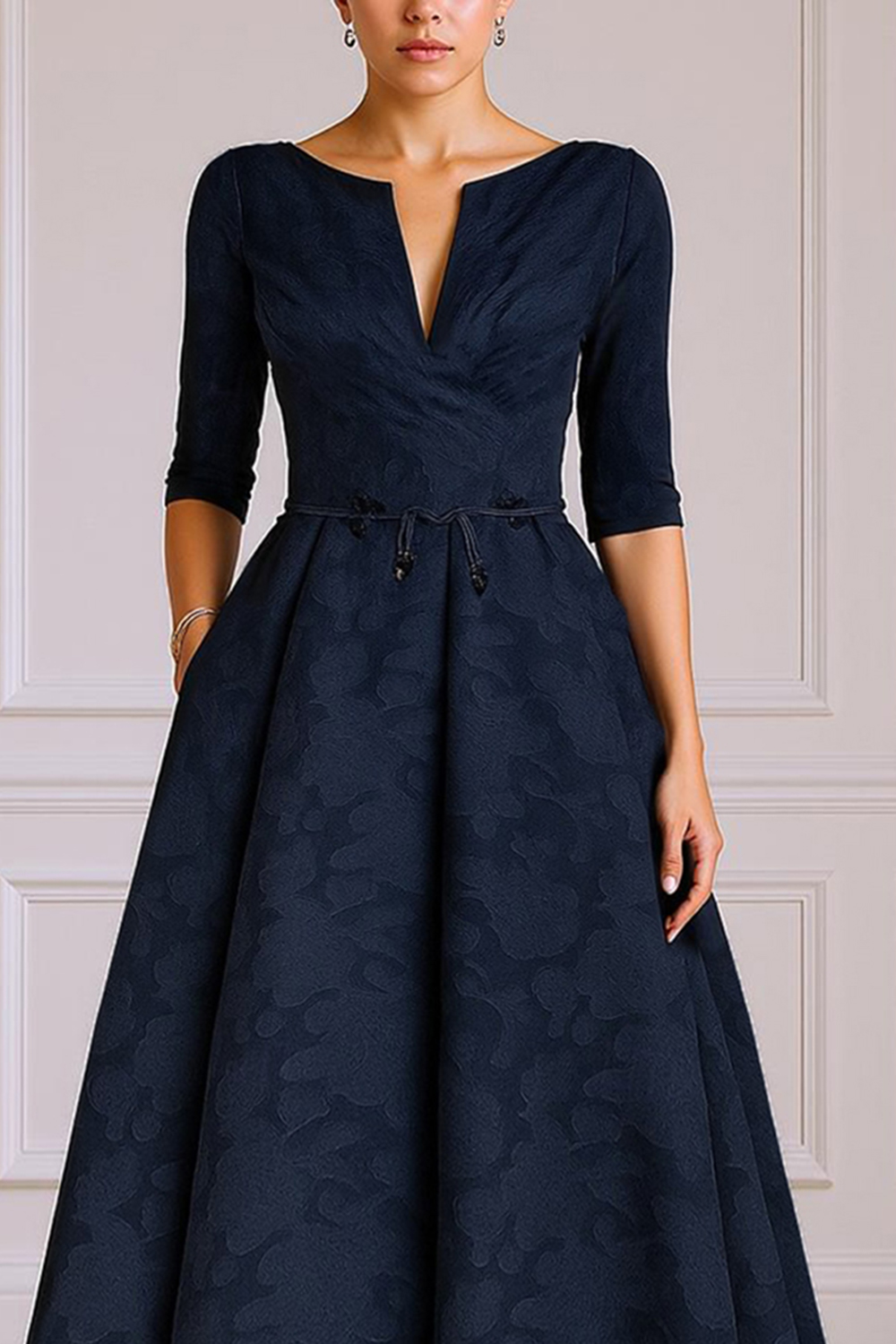 Burgundy V-Neck A Line Floor-Length Mother of the Bride Dress with Sleeves