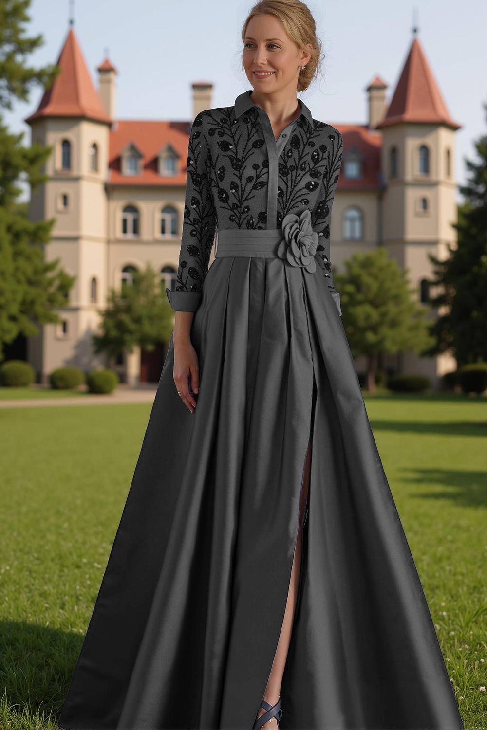 Silver Lapel A Line Floor-Length Mother of the Bride Dress