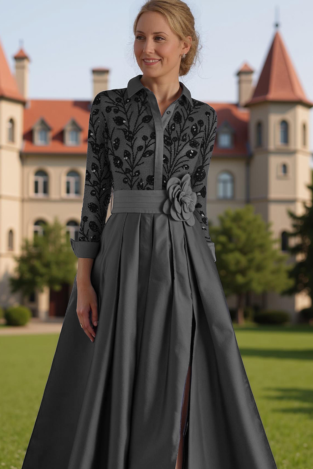 Silver Lapel A Line Floor-Length Mother of the Bride Dress