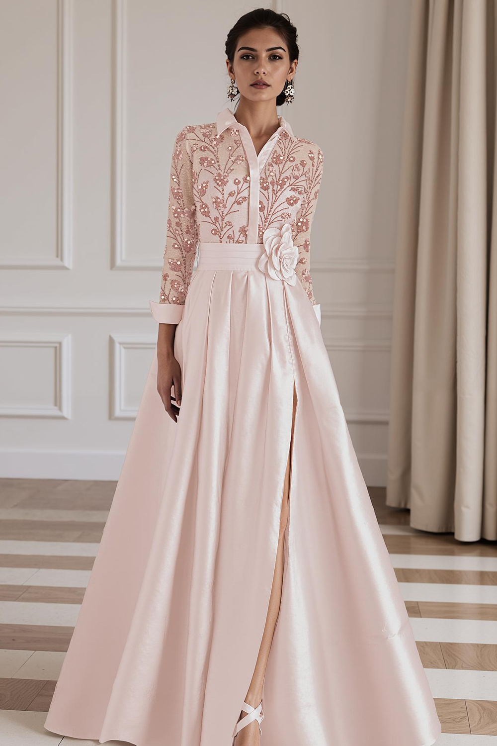 Silver Lapel A Line Floor-Length Mother of the Bride Dress