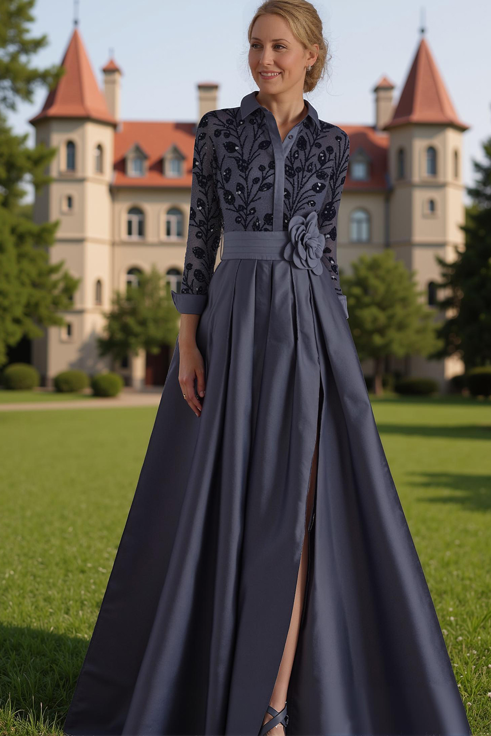 Hellymoon Women Floral Navy Lapel Floor-Length Mother of the Bride Dress with Slit A Line Appliqued Mother of Groom Dress with Sleeves