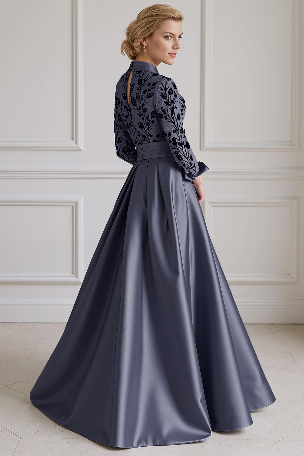 Floral Navy Lapel A Line Floor-Length Mother of the Bride Dress with Sleeves