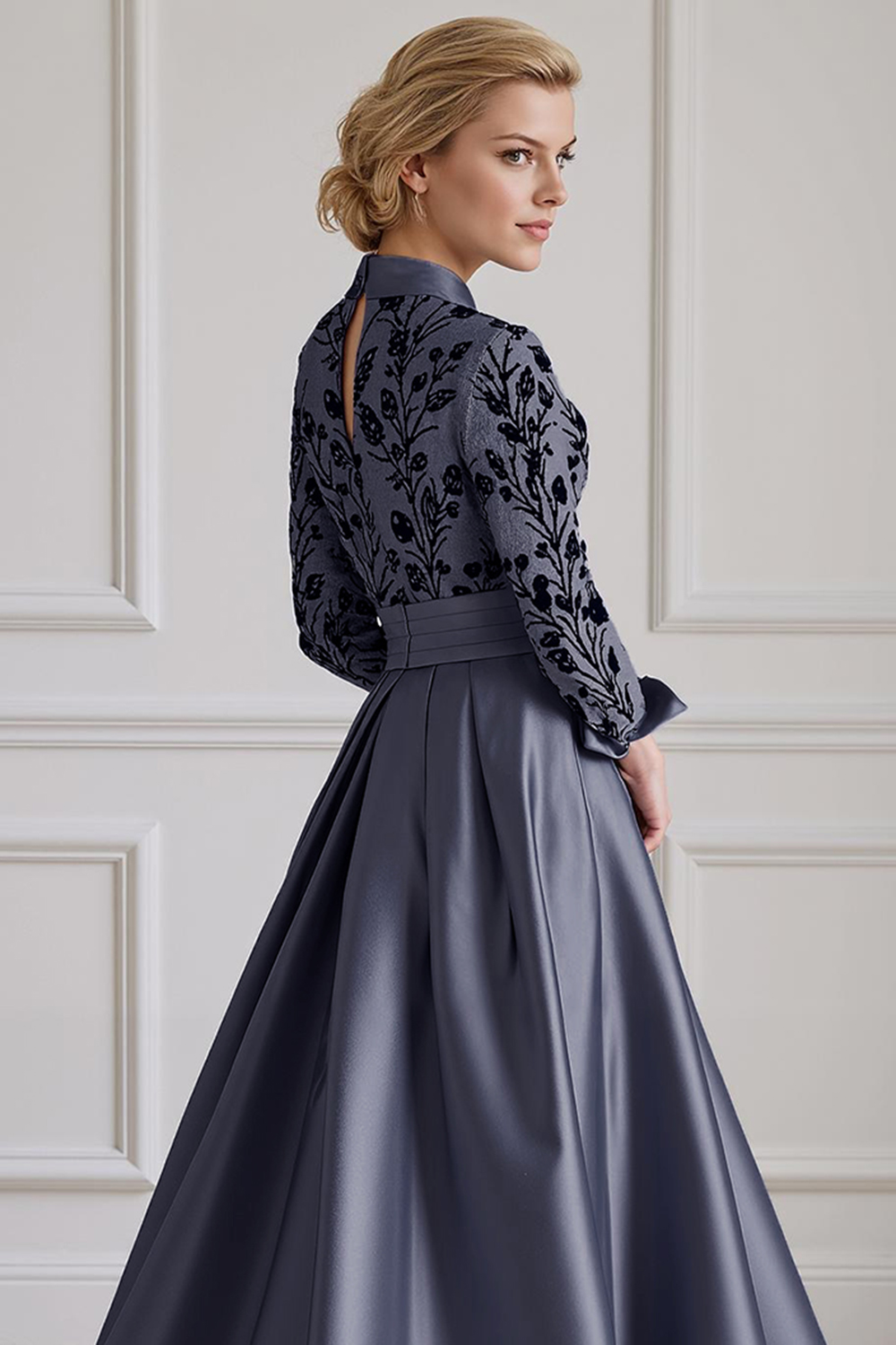 Floral Navy Lapel A Line Floor-Length Mother of the Bride Dress with Sleeves