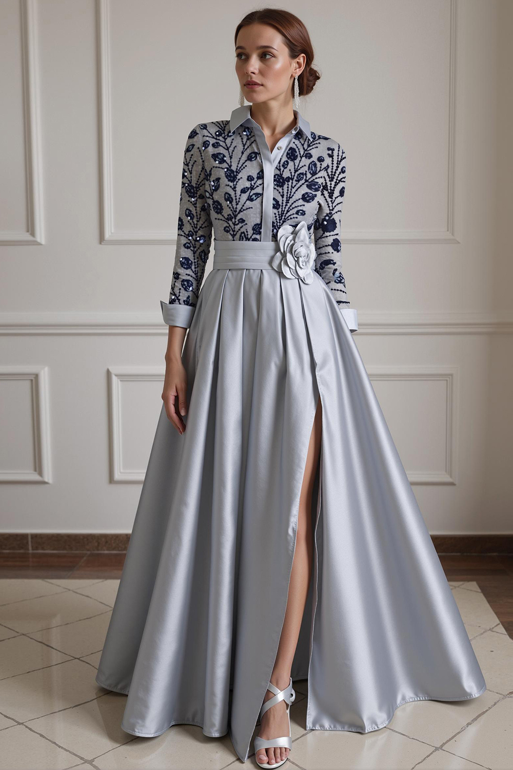 Silver Lapel A Line Floor-Length Mother of the Bride Dress