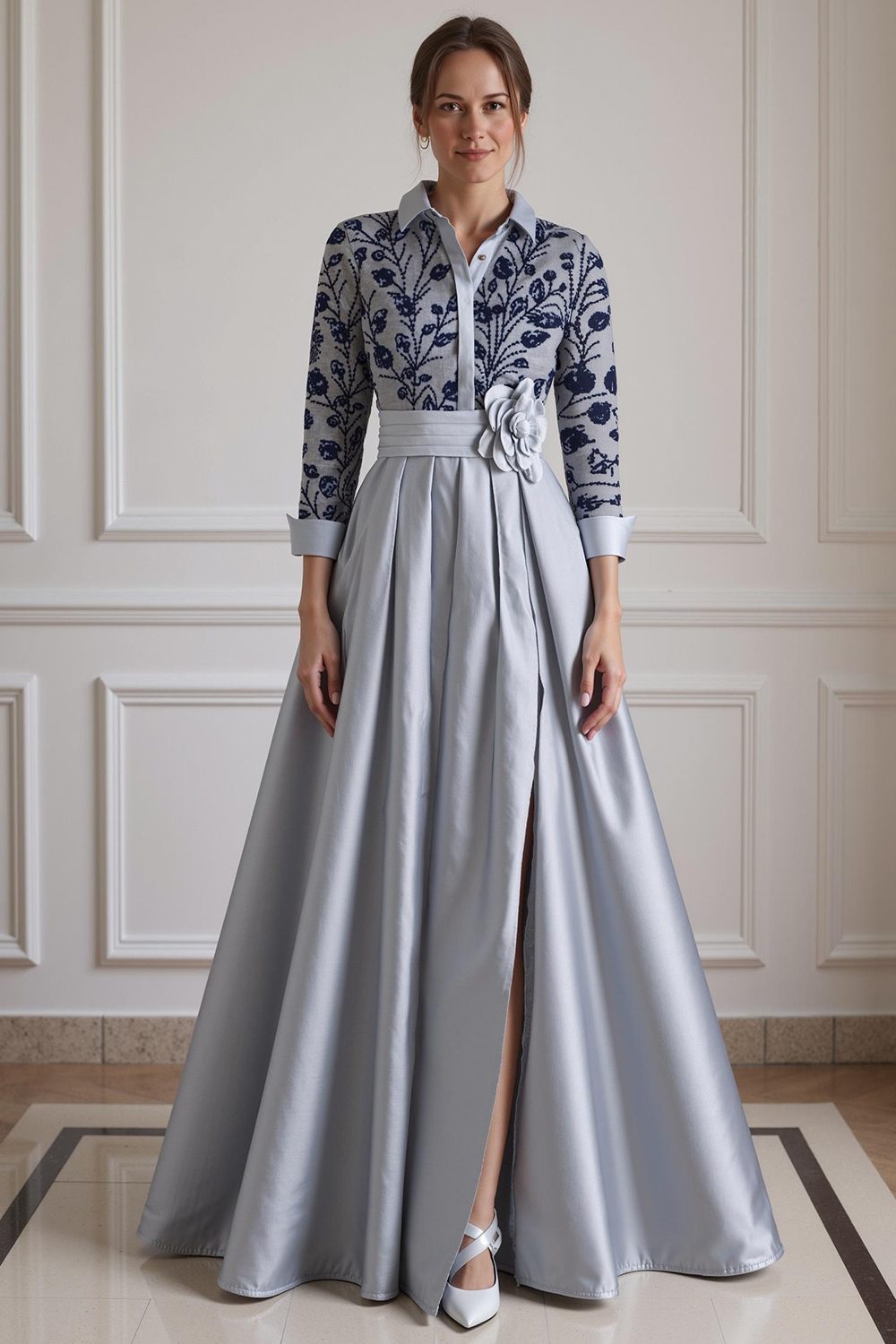 Silver Lapel A Line Floor-Length Mother of the Bride Dress