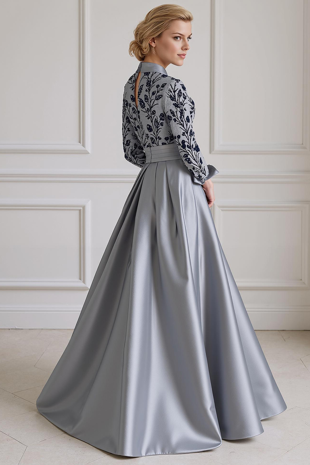 Silver Lapel A Line Floor-Length Mother of the Bride Dress