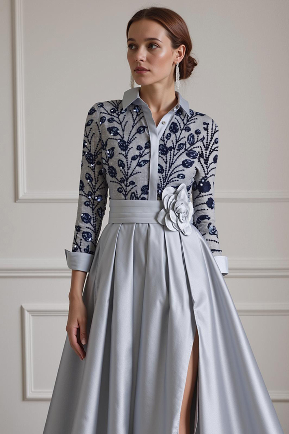 Silver Lapel A Line Floor-Length Mother of the Bride Dress