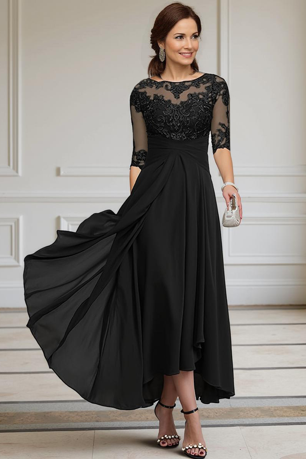 Purple Chiffon Bateau Neck Ankle-Length Mother of the Bride Dress with Lace