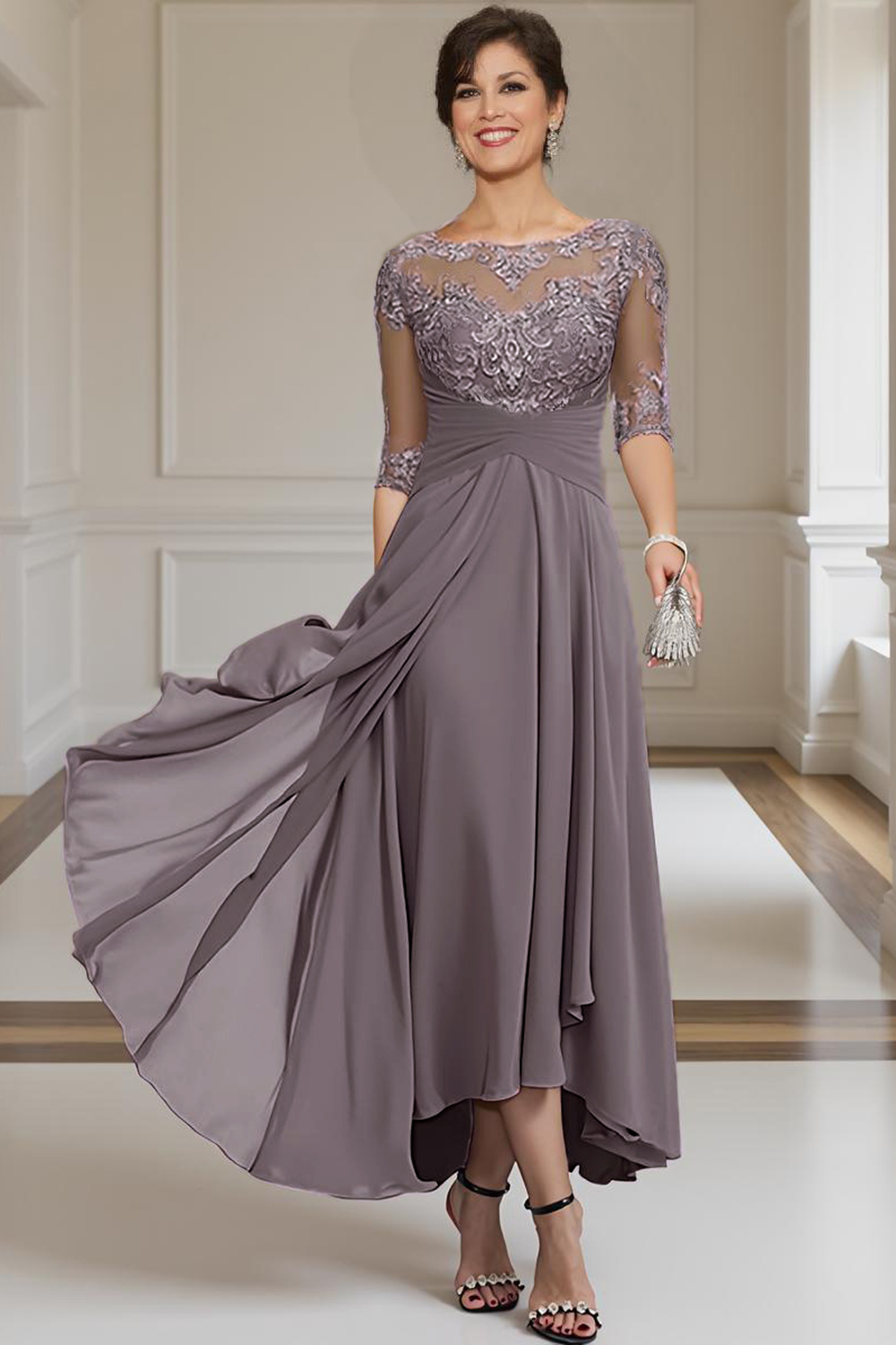 Flowy Dusk Bateau Neck Chiffon Ankle-Length Mother of the Bride Dress with Lace