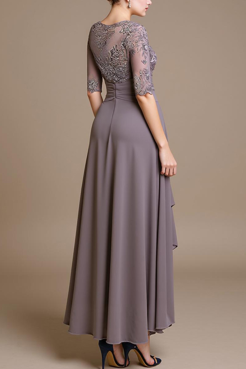 Flowy Dusk Bateau Neck Chiffon Ankle-Length Mother of the Bride Dress with Lace