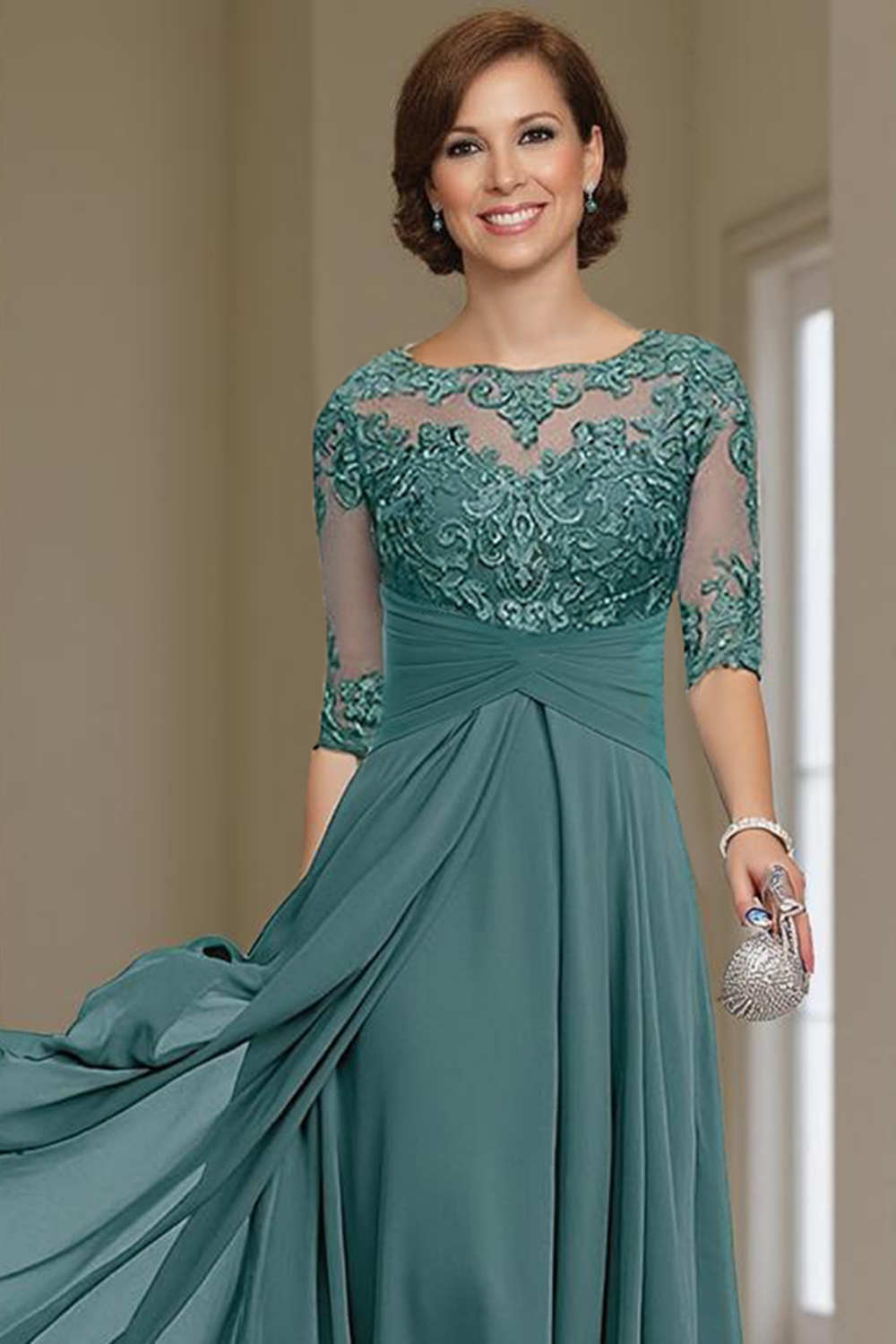 Purple Chiffon Bateau Neck Ankle-Length Mother of the Bride Dress with Lace