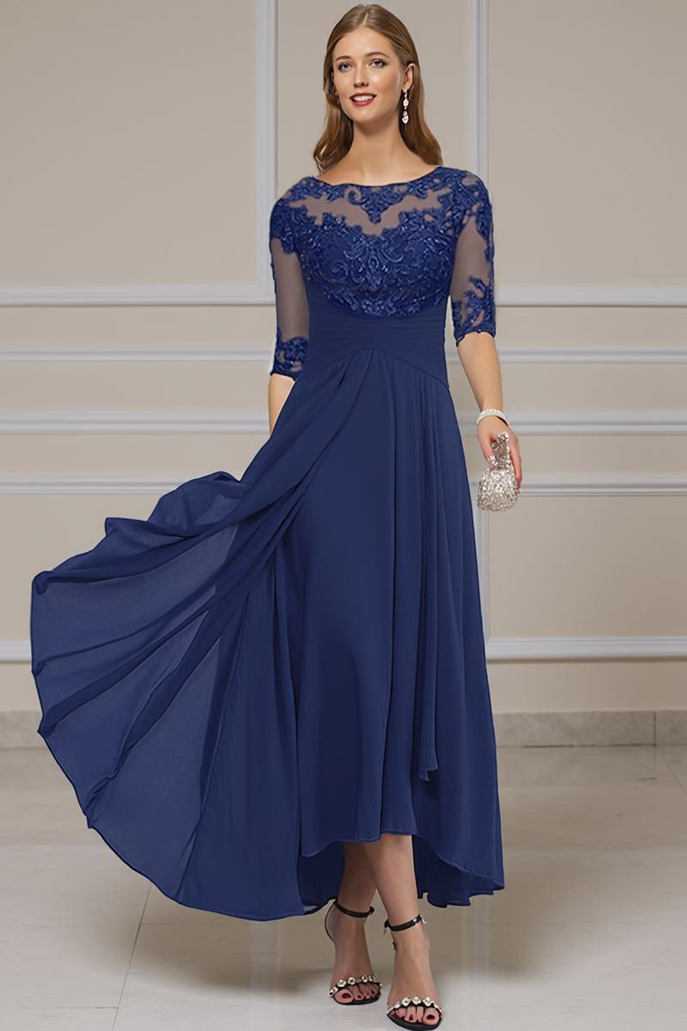 Purple Chiffon Bateau Neck Ankle-Length Mother of the Bride Dress with Lace