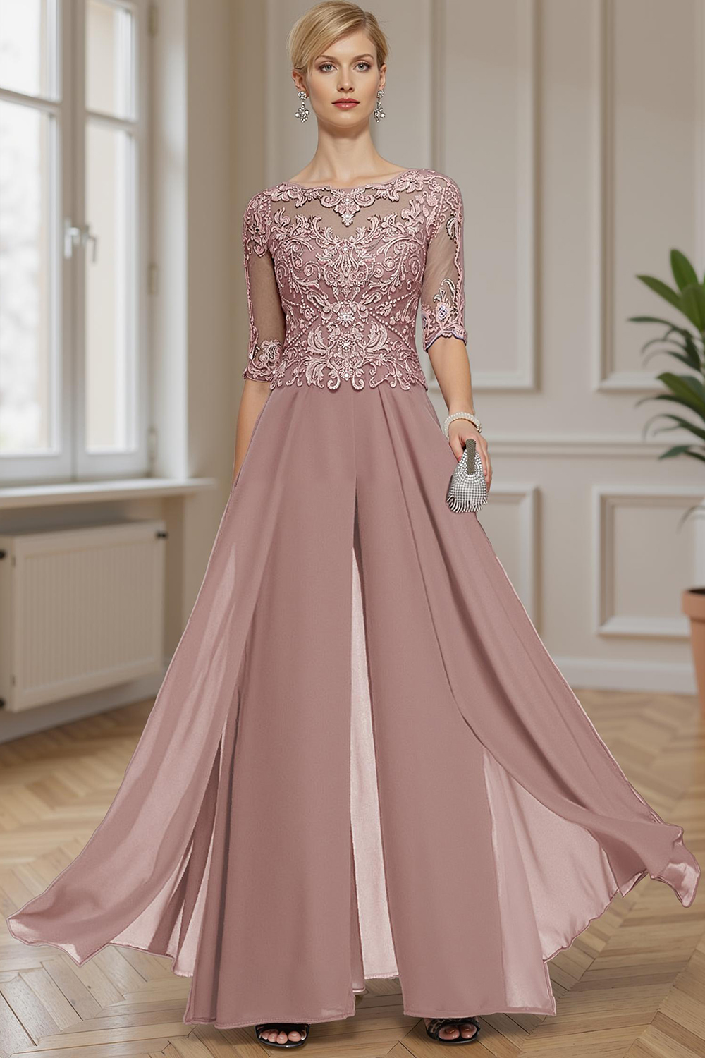 Eucalyptus Boat Neck Mother of the Bride Jumpsuit with Cape