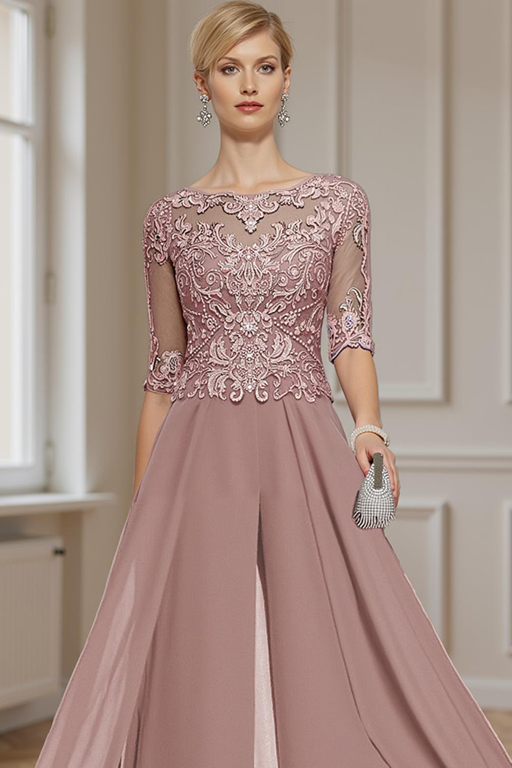 Eucalyptus Boat Neck Mother of the Bride Jumpsuit with Cape