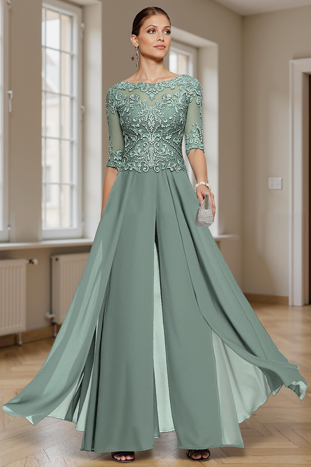 Eucalyptus Boat Neck Mother of the Bride Jumpsuit with Cape