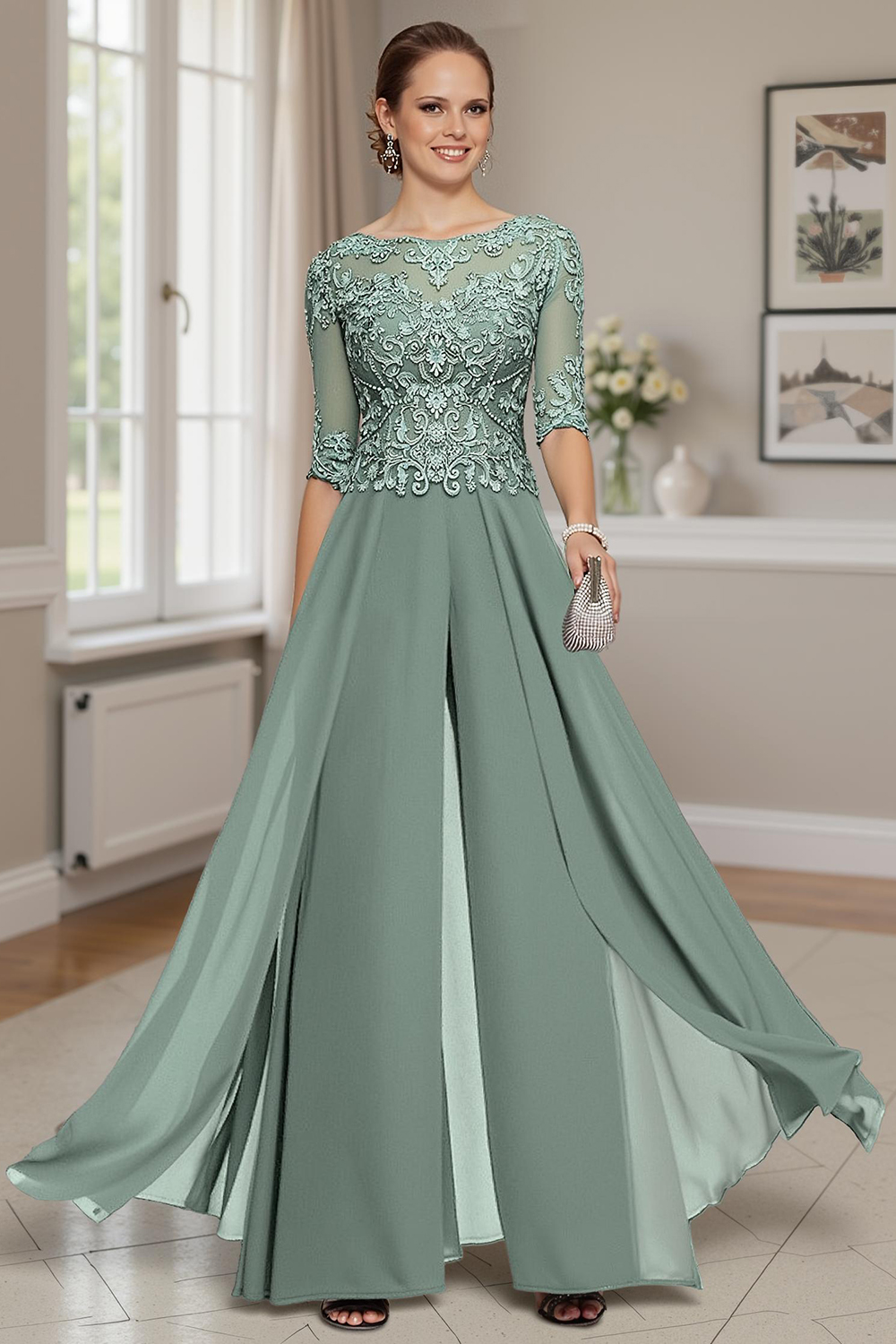 Eucalyptus Boat Neck Mother of the Bride Jumpsuit with Cape