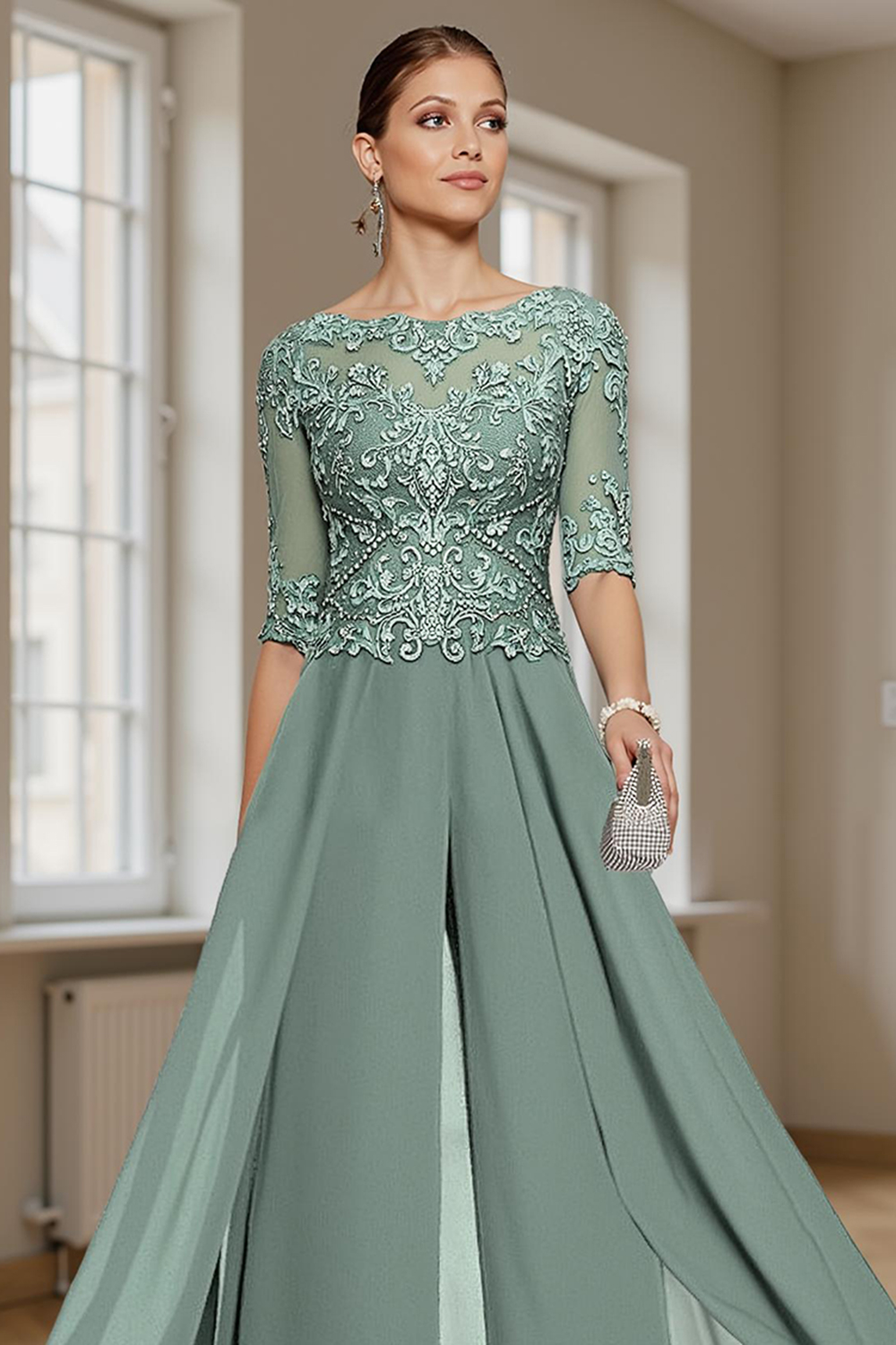 Eucalyptus Boat Neck Mother of the Bride Jumpsuit with Cape