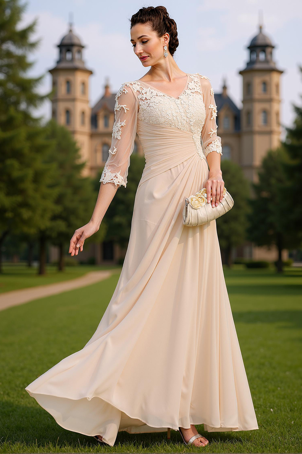 Flowy Apricot Chiffon V-Neck Sheath Floor-Length Mother of the Bride Dress with Lace