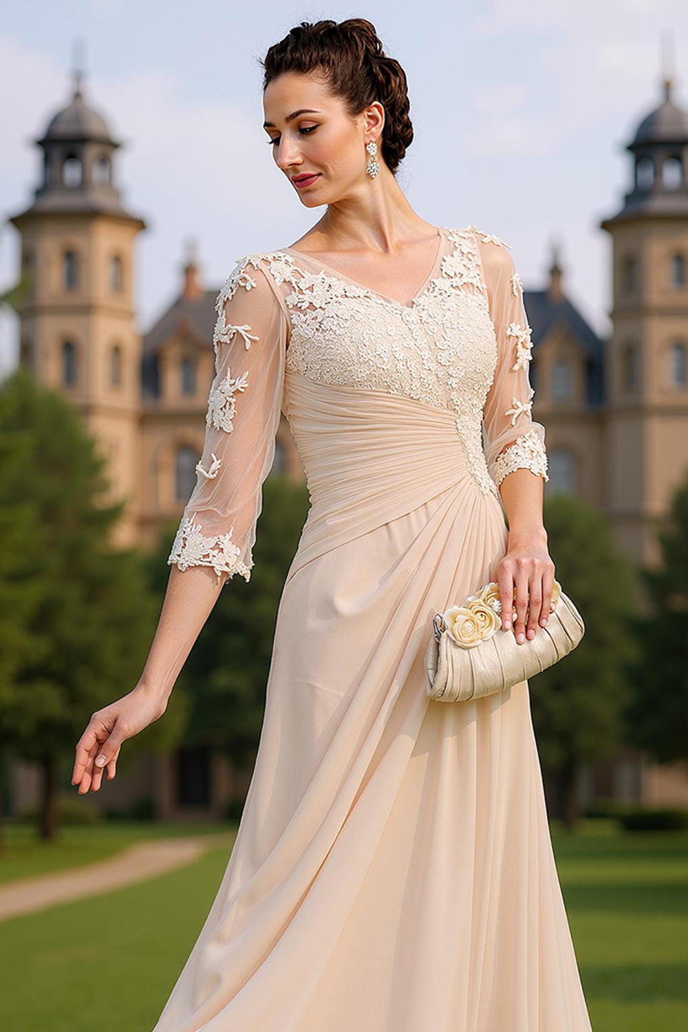 Flowy Apricot Chiffon V-Neck Sheath Floor-Length Mother of the Bride Dress with Lace