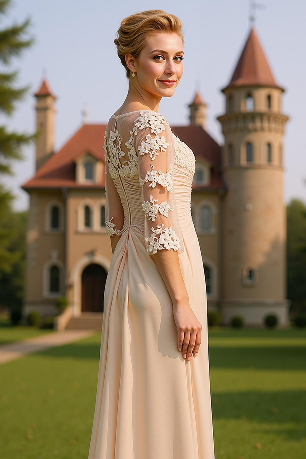 Flowy Apricot Chiffon V-Neck Sheath Floor-Length Mother of the Bride Dress with Lace