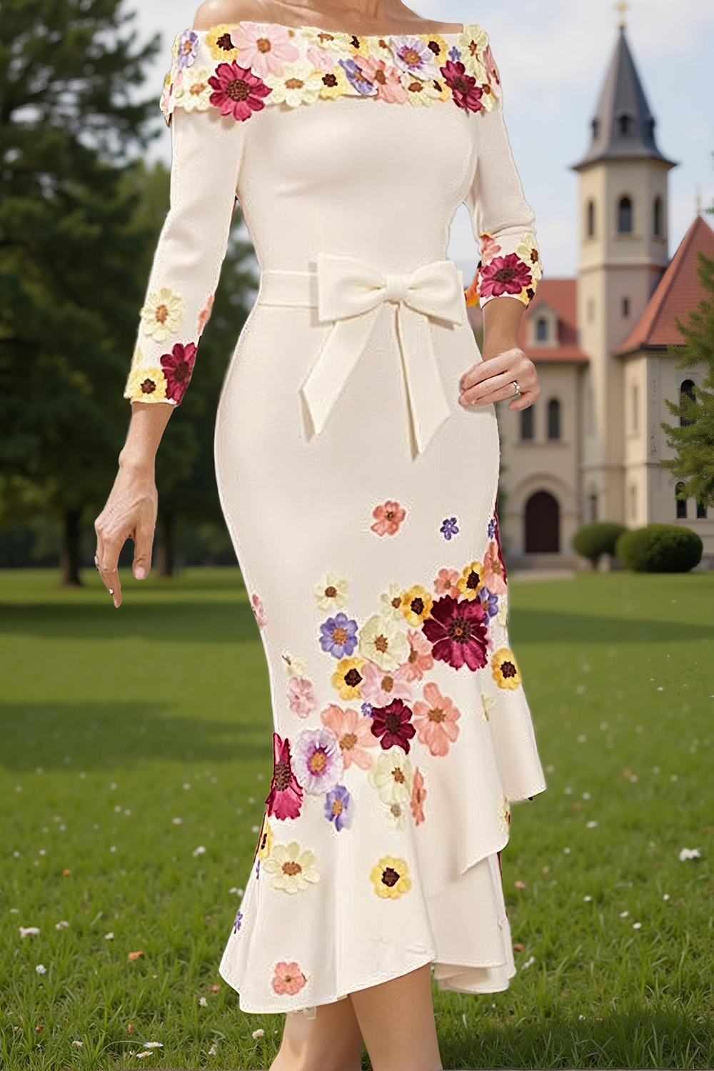 White Flower Off the Shoulder Tea-Length Mother of the Bride Dress