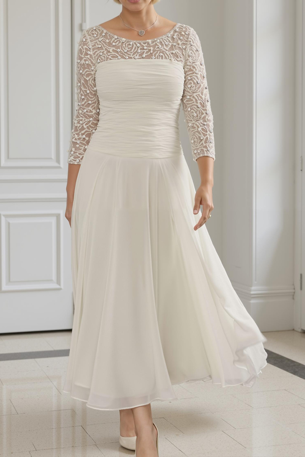 Sparkly White Chiffon Boat Neck Ankle-Length Mother of the Bride Dress with Beading