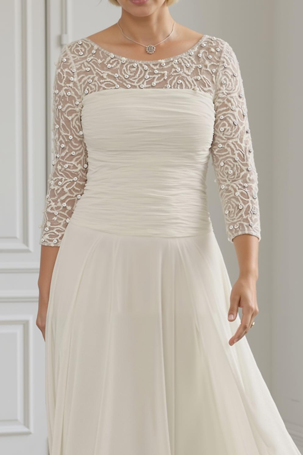 Sparkly White Chiffon Boat Neck Ankle-Length Mother of the Bride Dress with Beading