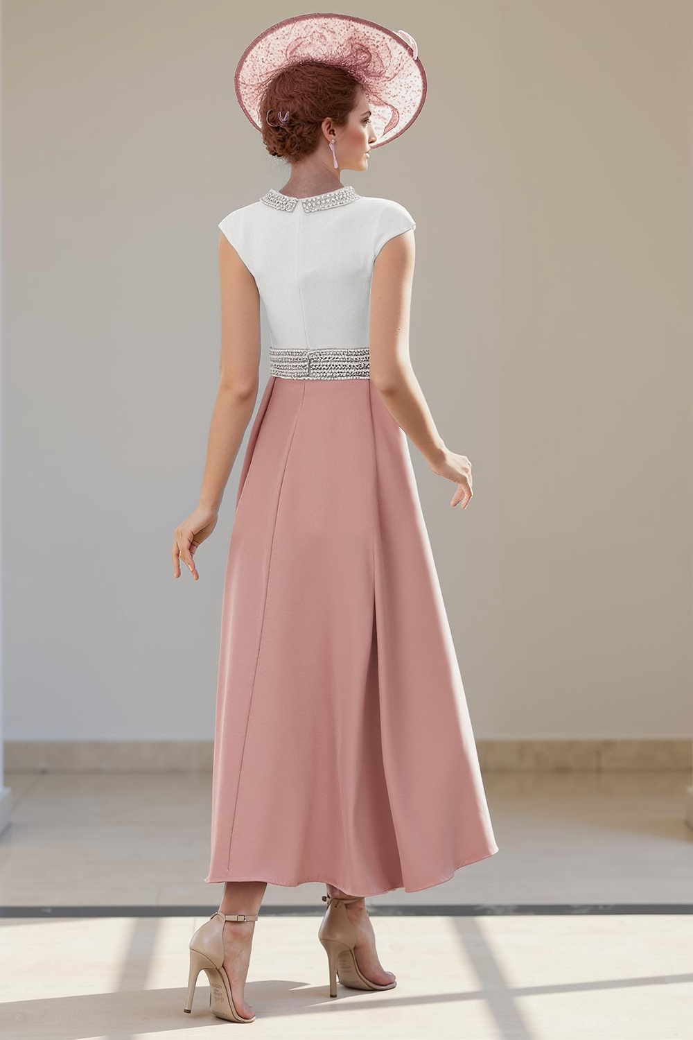 Sparkly Silver Beaded Mermaid Tea-Length Mother of the Bride Dress with Cape