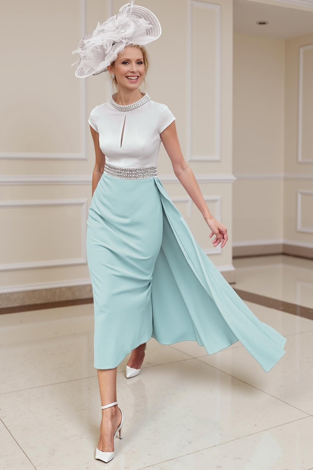 Sparkly Silver Beaded Mermaid Tea-Length Mother of the Bride Dress with Cape