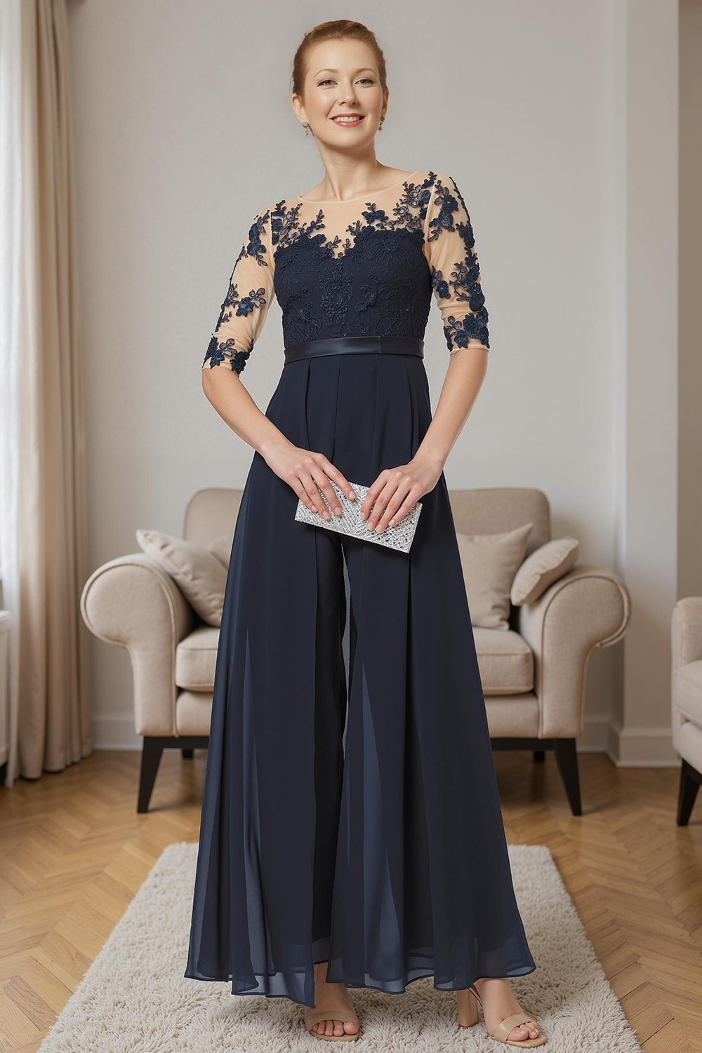 Navy Boat Neck Chiffon Ankle-Length Mother of the Bride Jumpsuits with Cape