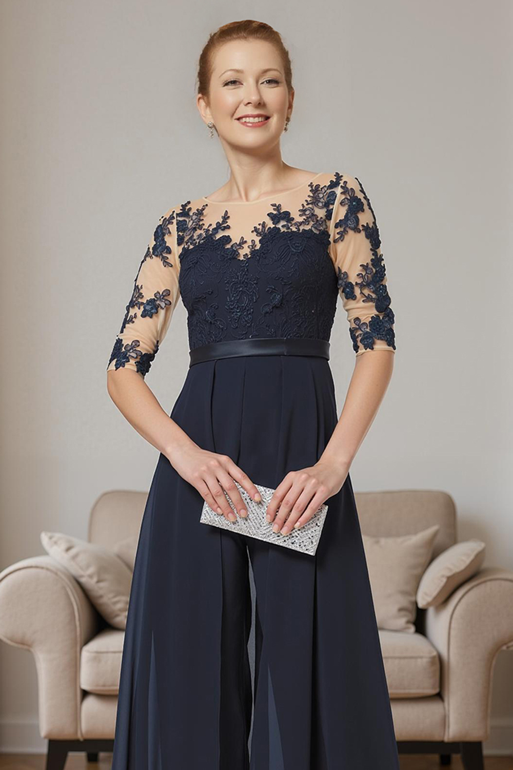 Navy Boat Neck Chiffon Ankle-Length Mother of the Bride Jumpsuits with Cape