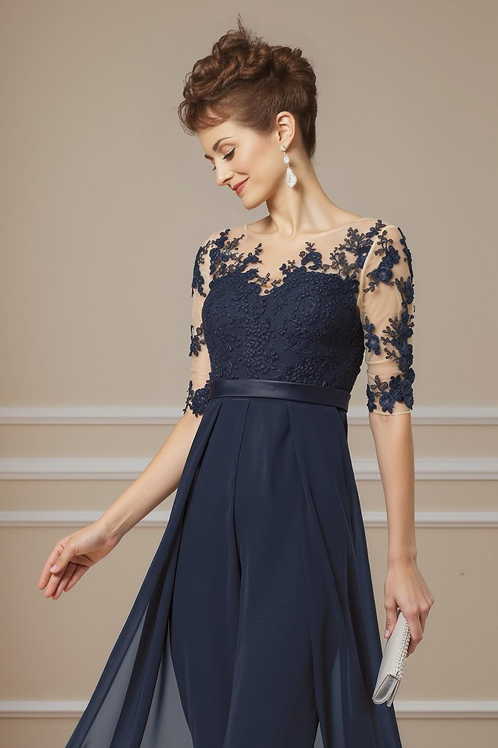 Navy Boat Neck Chiffon Ankle-Length Mother of the Bride Jumpsuits with Cape