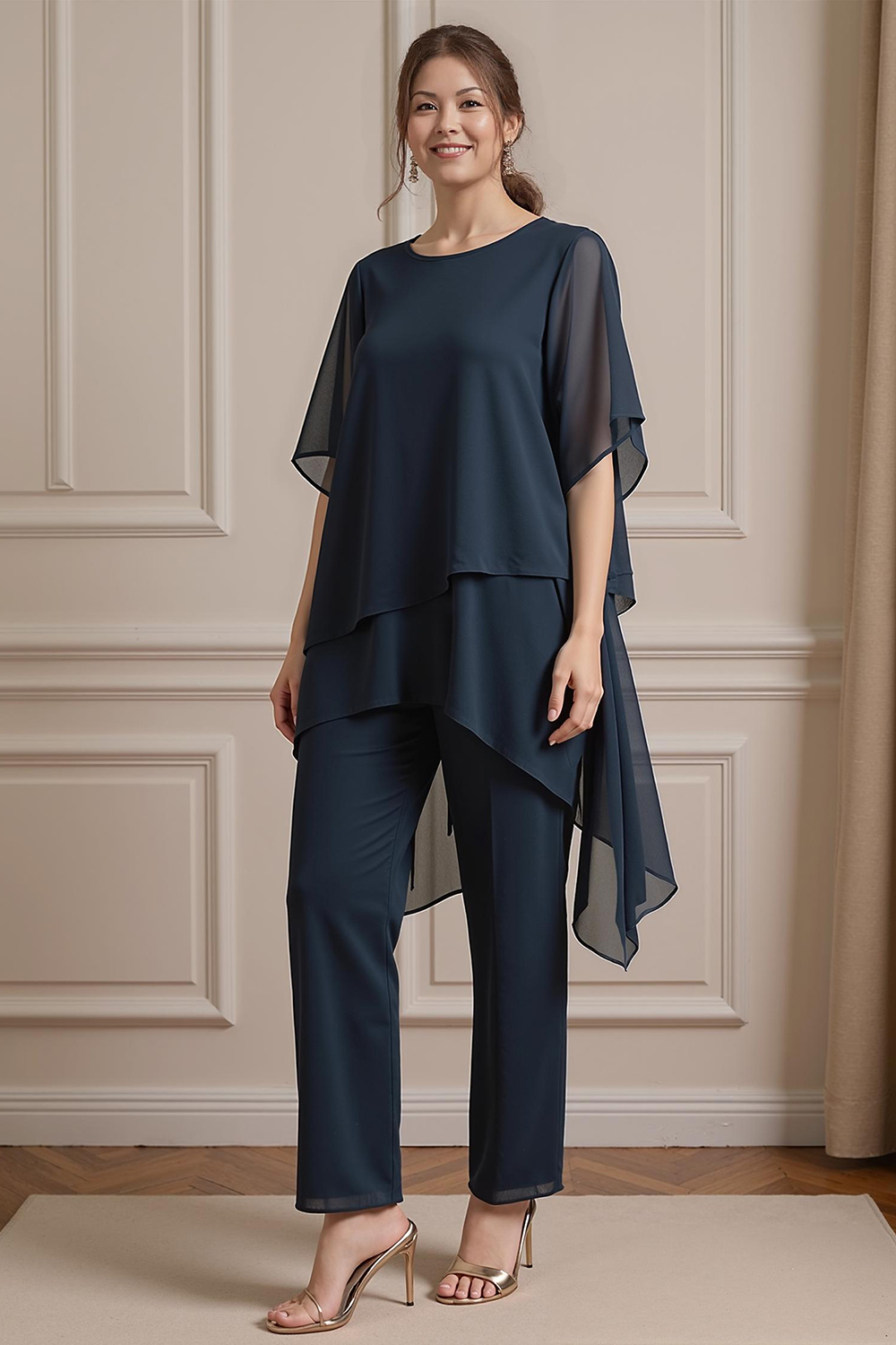 2-Piece Navy Boat Neck Chiffon Mother of the Bride Pant Suits with Sleeves