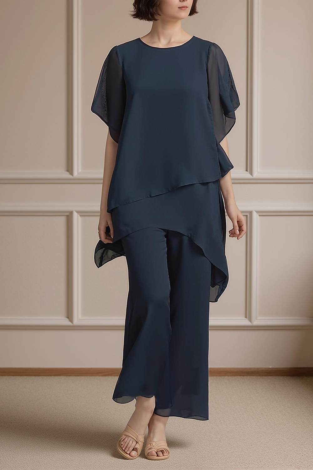 2-Piece Navy Boat Neck Chiffon Mother of the Bride Pant Suits with Sleeves