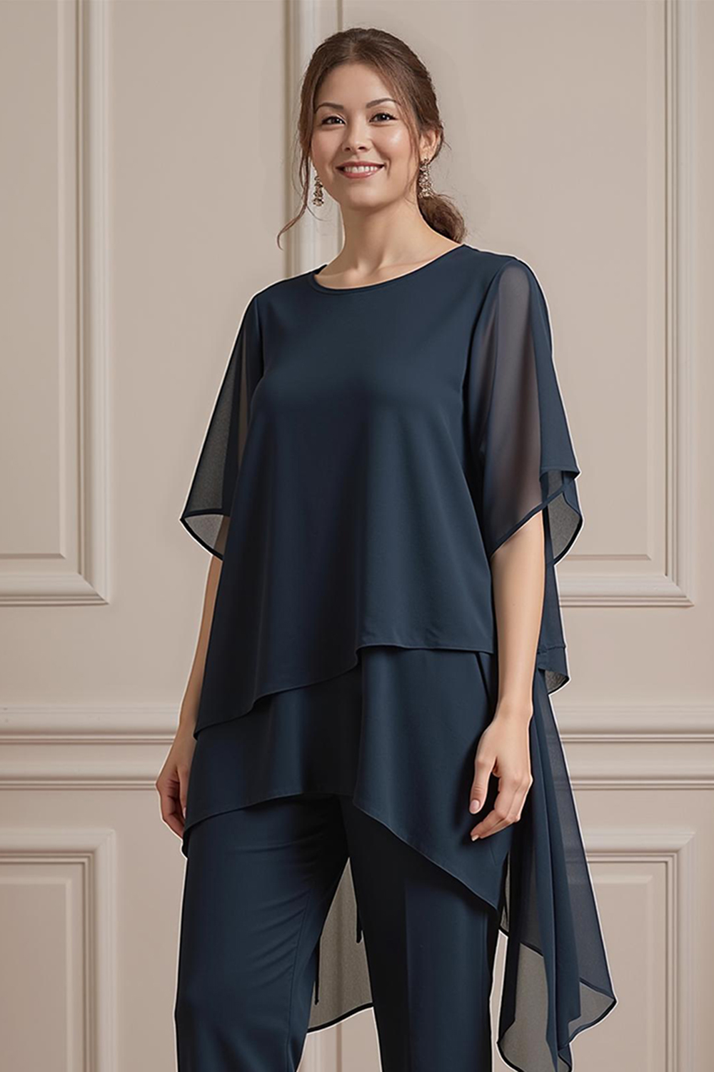 2-Piece Navy Boat Neck Chiffon Mother of the Bride Pant Suits with Sleeves