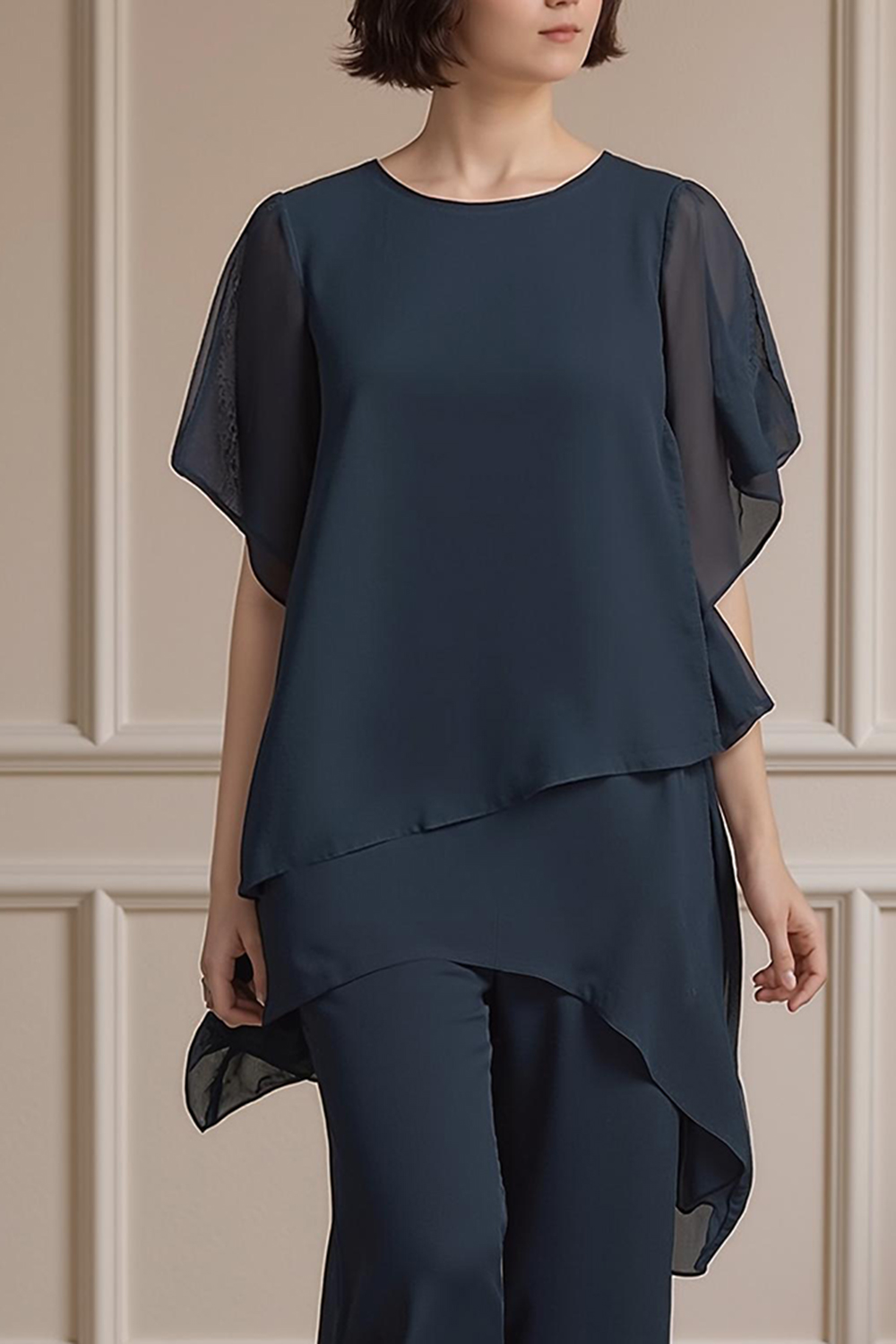 2-Piece Navy Boat Neck Chiffon Mother of the Bride Pant Suits with Sleeves