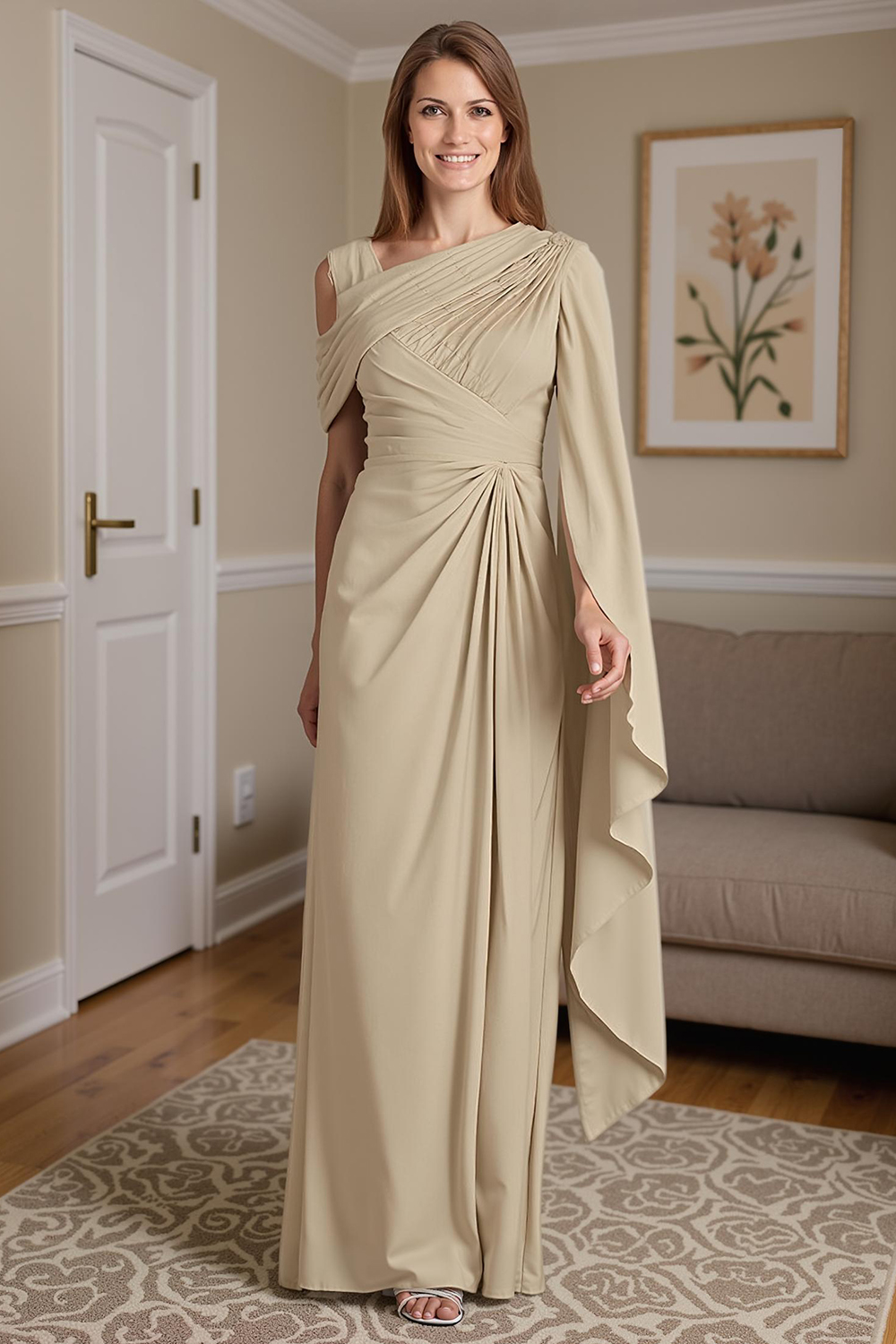 Champagne Sheath One Shoulder Floor-Length Mother of the Bride Dress with Side Cape