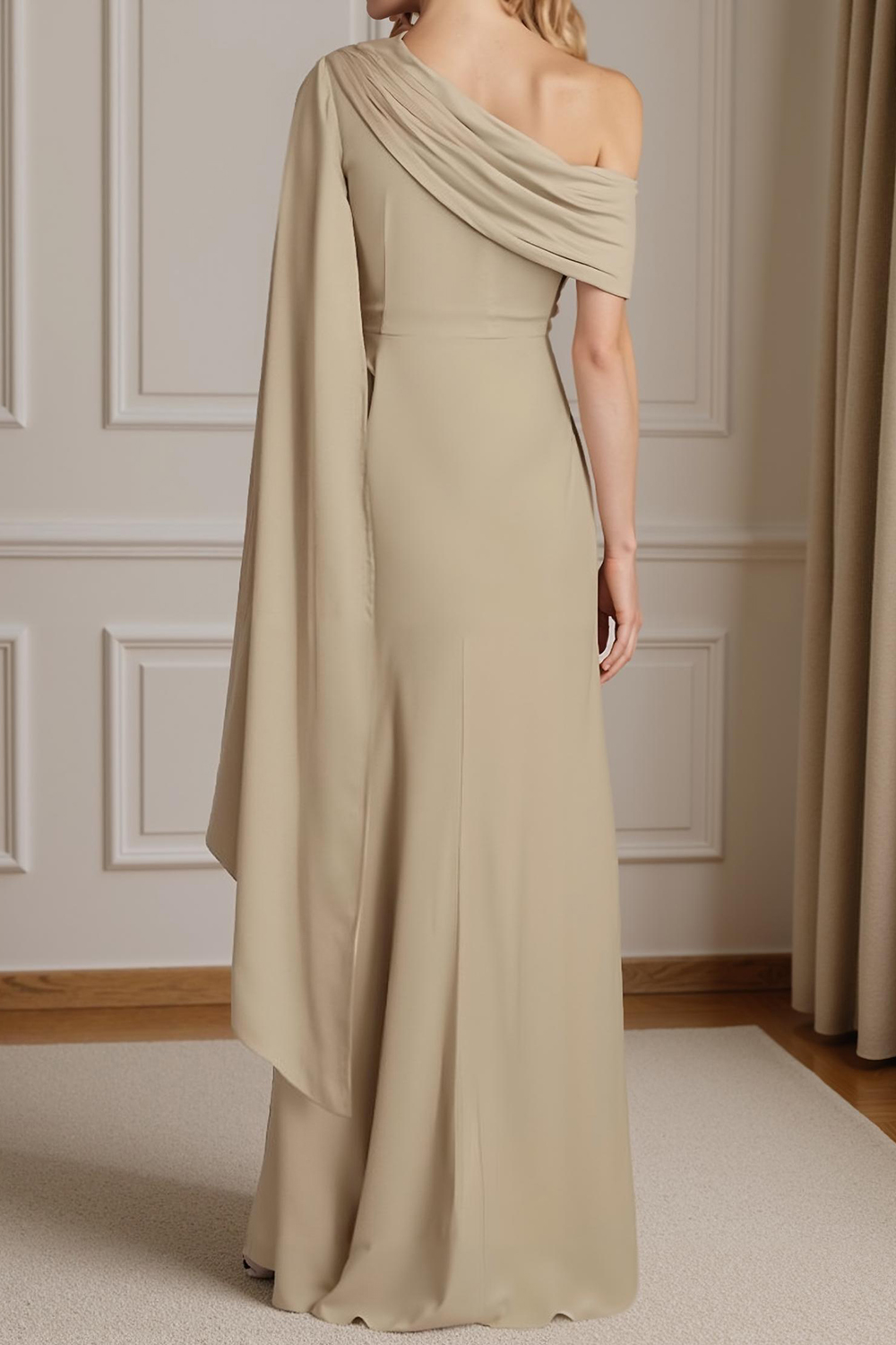 Champagne Sheath One Shoulder Floor-Length Mother of the Bride Dress with Side Cape