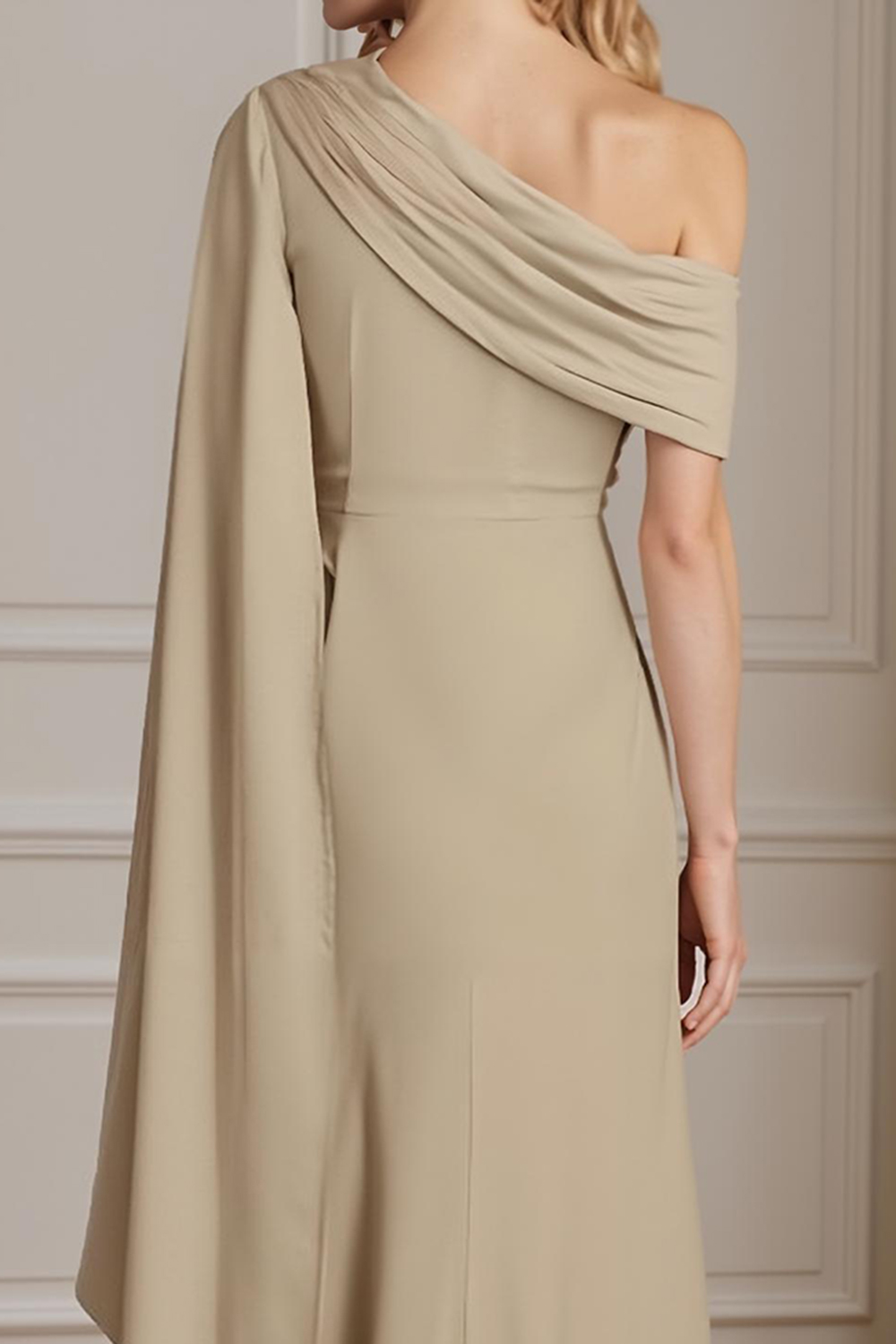Champagne Sheath One Shoulder Floor-Length Mother of the Bride Dress with Side Cape